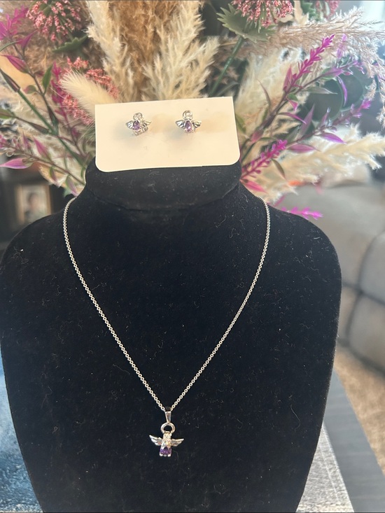 Jewelry - Silver Angel Pendant Necklace & Earrings with Purple Stone.  BUNDLE 3 for $30